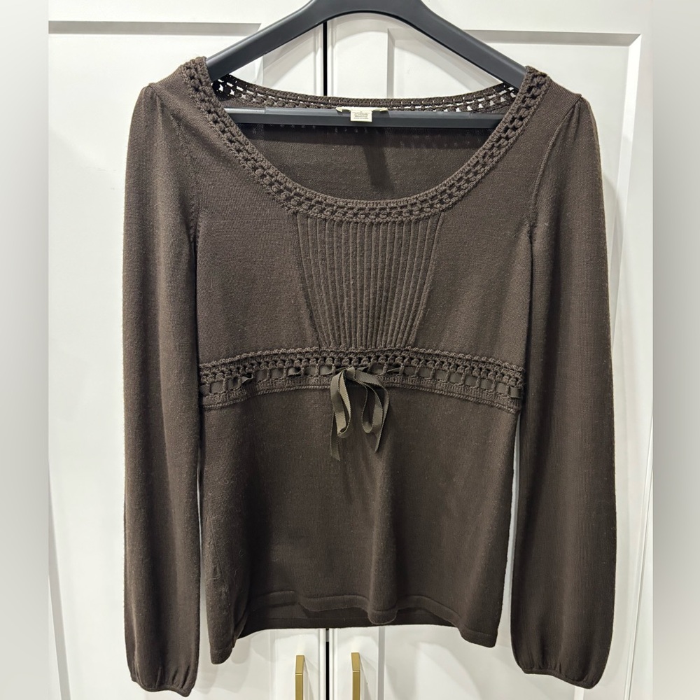 Y2K Ann Taylor Loft Brown Long Sleeve Knit Top with Crochet Trim and Ribbon Tie